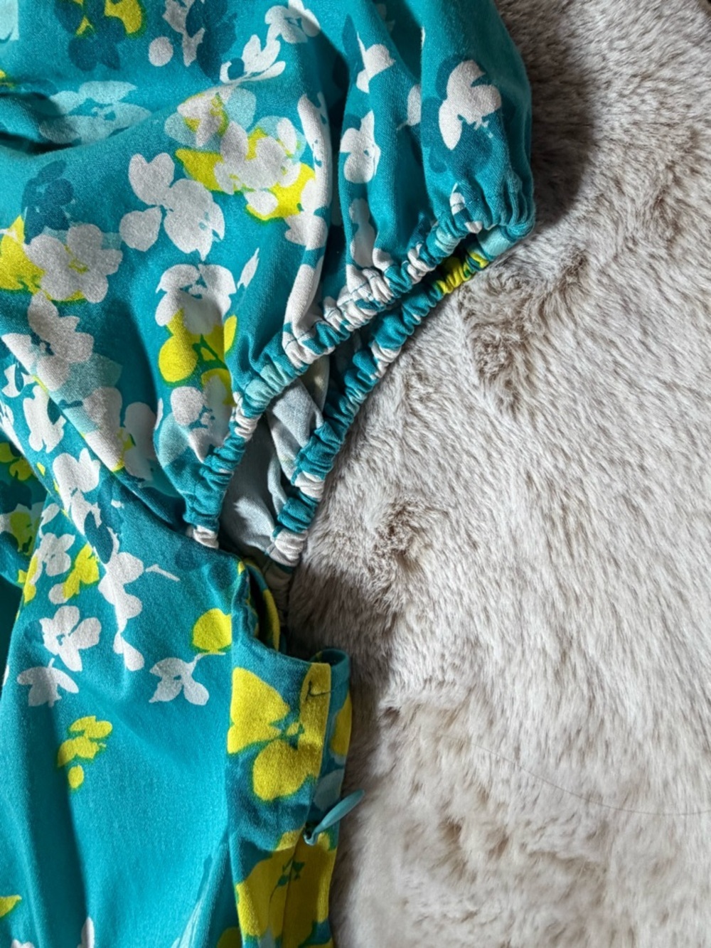 eshakti Teal Floral Puff Sleeve Dress w/Pockets & Fabric Flowers at Neckline 1X - Picture 8 of 12